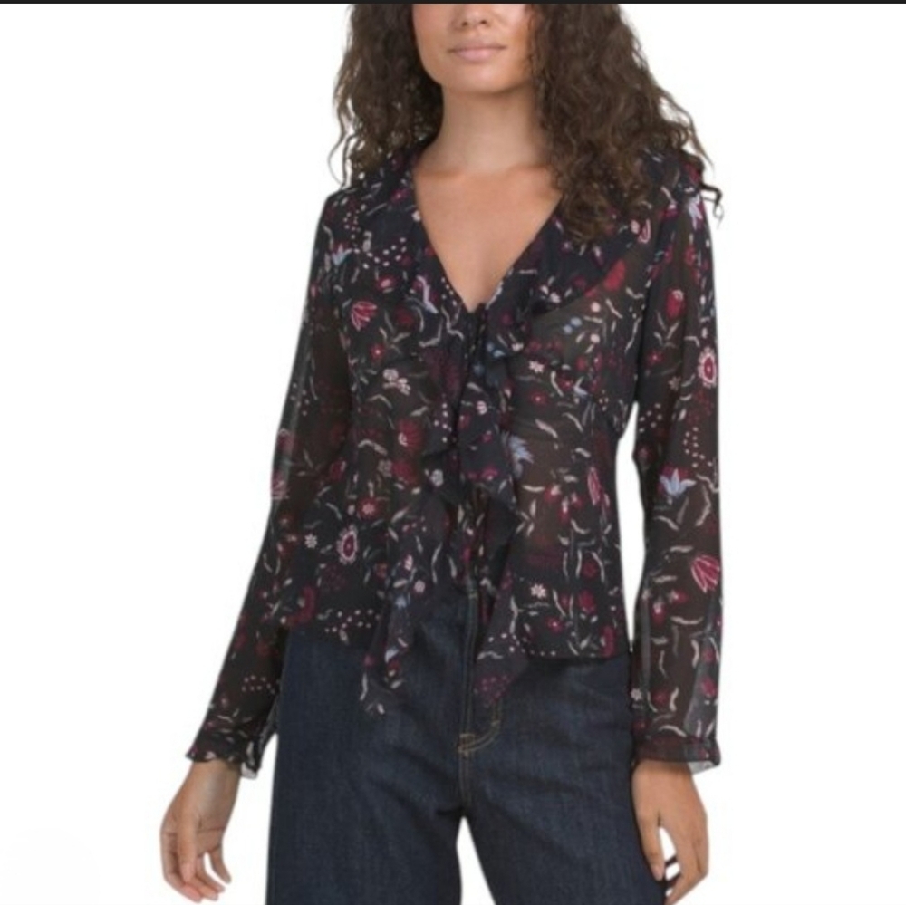 Muse Whimsigoth Floral Sheer Boho Peasant  Blouse Black Pink Red Ruffle Tie Smal